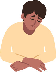 Man is having a headache. Boy feels anxiety and depression. Psychological health concept. Nervous, apathy, sadness, sorrow, unhappy, desperate, migraine. Flat illustration.