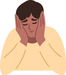 Man is having a headache. Boy feels anxiety and depression. Psychological health concept. Nervous, apathy, sadness, sorrow, unhappy, desperate, migraine. Flat illustration.