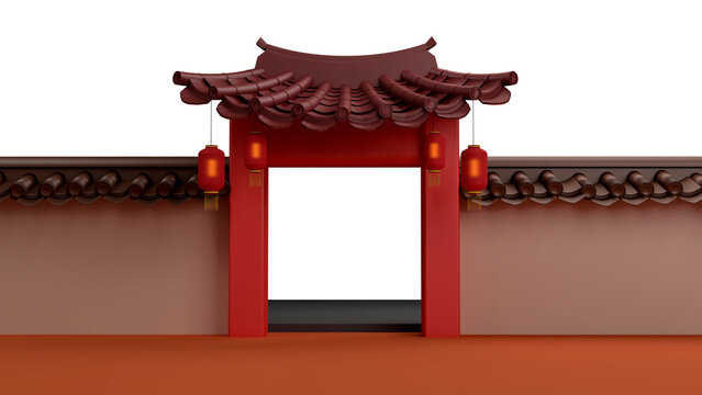 3d render chinese gate with lantern
