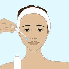 The face of a girl in a hairband with an image of a hand dripping with a pipette serum for the skin of the face. Vector illustration
