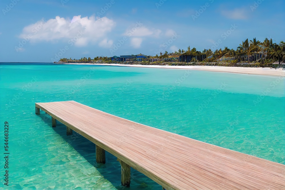 Poster a wooden dock in the middle of a body of water with a beach in the background and palm trees in the 