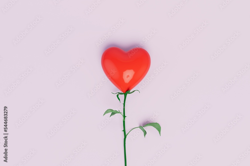 Poster the concept of a declaration of love. a rose with a heart instead of a bud on a white background. 3d