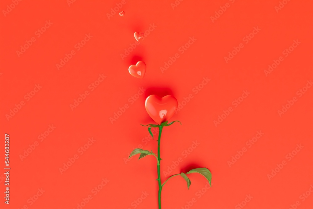 Poster a declaration of love. a gift in the form of a rose with a heart and small hearts on a red backgroun
