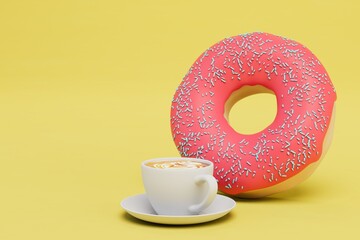 delicious breakfast. a cup of coffee and a donut with pink glaze on a yellow background. copy paste. 3D render