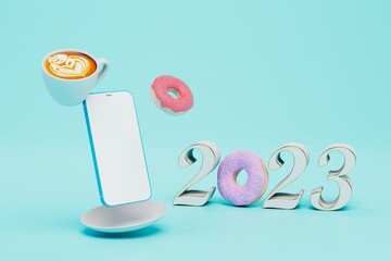 waiting for the new year 2023. smartphone, cup of coffee inscription 2023 with a donut instead of 0. 3D render