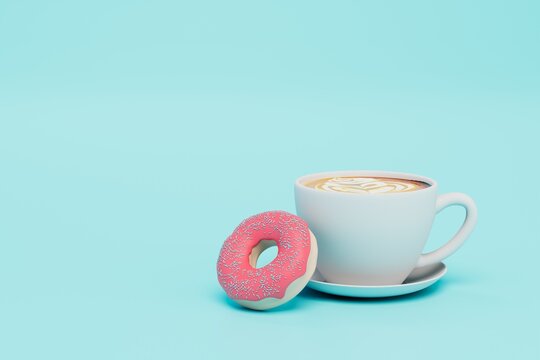 sweet snack. a cup of coffee and a donut with pink glaze on a blue background. copy paste, copy space. 3D render