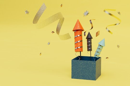 a big salute for the holiday. box with rockets for fireworks and confetti on a yellow background. 3D render