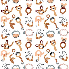 Seamless pattern wooden toys rattles. Baby Shower Scandinavian pastel wallpaper. Textile fabric design for kids. Flat bohemian vector neutral background paper