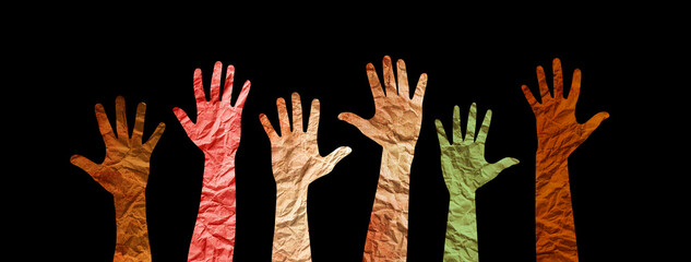 Different cultures in international society concept. Diverse group of multiethnic multicultural hands silhouette.