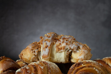 Fresh traditional polish pastry with poppy-seed filling and nuts. St. Martin's croissant, Rogal marciński or świętomarciński. Composition with copy space.