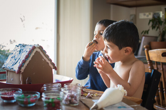Young boys sampling candy while decorating a gingerbread house.