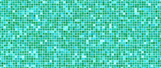 Turquoise swimming pool mosaic tile seamless pattern. Abstract vector background. Shower or kitchen floor and wall decoration. Bathroom with modern interior design. Texture of tiny squares