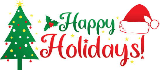 Happy Holidays Graphic with Tree and Santa Hat