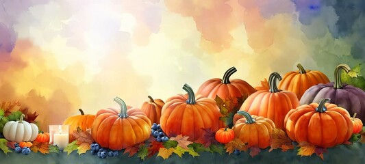 Naklejka na ściany i meble A Painting Of Pumpkins And Autumn Leaves, Remarkable Thanksgiving Watercolor Concept Abstract Banner Background Wallpaper. For Graphic Design.