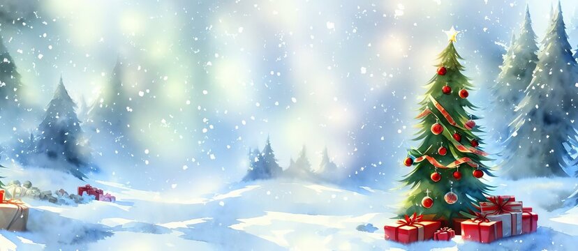 A Painting Of A Christmas Tree In A Snowy Landscape, Amazing Winter Landscape Background Wallpaper. Digital Cg Illustration.