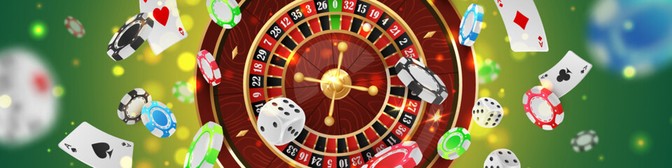 Banner with Сasino roulette with colored poker chips, tokens, playing cards, dices, around, on green background with golden lights, glare, sparkles. ector illustration for game design, advertising.