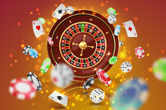 Сasino roulette with colored poker chips, tokens, playing cards, dices, around, on red background with golden lights, glare, sparkles. Vector illustration for casino, game design, advertising.
