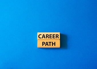 Career path symbol. Concept word Career path on wooden blocks. Beautiful blue background. Business and Career path concept. Copy space