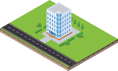isometric scene of office apartment city building and road