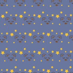 Seamless geometric pattern with bear face on blue background with stars in art cartoon style for kids. Vector print for fabric background