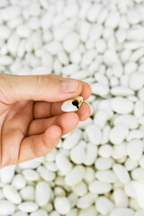 a woman holds a spoiled white bean in her hand. bean disease and bean harvest concept