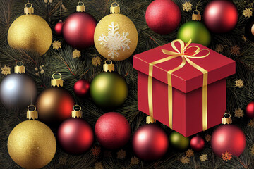 Obraz na płótnie Canvas Merry christmas present illustration. Xmas gift box with decorations balls, tree. Flat lay, top view