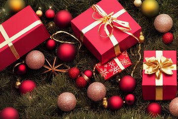 Fototapeta na wymiar Xmas gift box with decorations, balls, tree. Flat lay, top view. Christmas present illustration