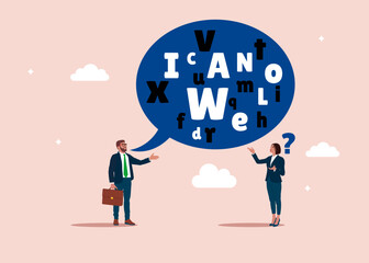 Businessman talk with jargon word in speech bubble dialog make partner confused. Complicated conversation, difficult to explain. Flat vector illustration.