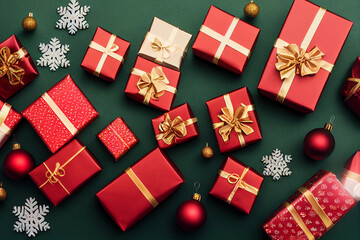 Christmas present illustration. Xmas gift box with decorations balls, snowflakes. Flat lay, top view