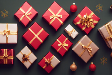 Christmas presents top view. Xmas decoration gift box, snowflakes, balls. Flat lay