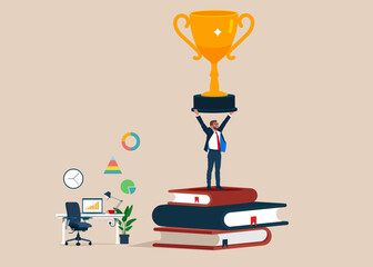 Businessman get award on big book for winning business success. Flat modern vector illustration. 