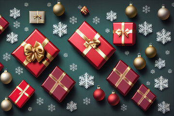 Merry christmas presents top view. Xmas decoration gift box, snowflakes, balls. Flat lay
