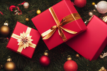 Merry christmas present composition. Xmas gift box with decorations balls, tree. Flat lay, top view