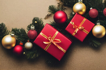 Xmas decoration gift box, tree, balls. Christmas presents top view. Flat lay