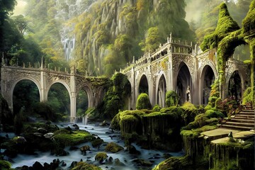 Fairy castle inside of beautiful forest, fantasy landscape 