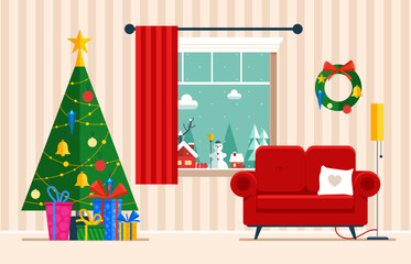 Room with Christmas tree and window with winter landscape. Flat cartoon style vector illustration.
