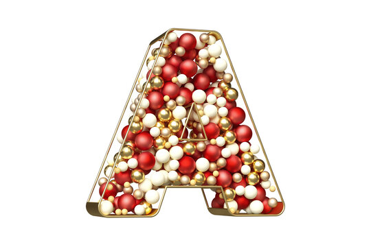 Rendering Christmas balls 3D lettering of gold, red and white floating in a golden letter. Beautiful letter A for winter festivity concept. High quality 3D rendering.