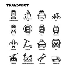 Transport doodle icons set. Metro, train, trolleybus, airplane, scooter, carsharing, bus, cable car, electric motorcycle, longboard. Vector illustration.
