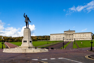 Stormont Building and Lord (Edward) Carson statue, Local Government for Northern Ireland. Belfast, County Down.	