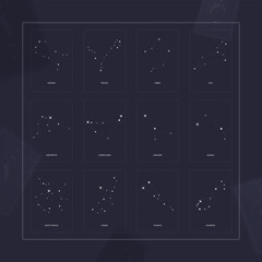 Set of vector constellations of the northern and southern hemispheres - Ursa Minor and Major, Pegasus, Cassiopea and others. All main constellation with names of stars and constellations. Sky map
