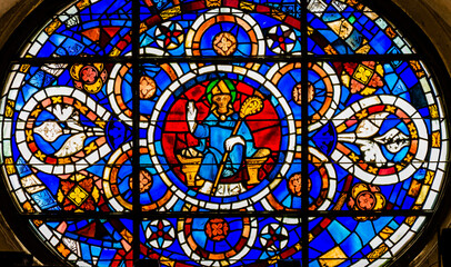 Stained glass of the cathedral of Santa María of Burgos, Castilla y León, Spain.