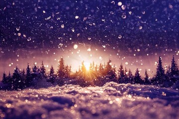 Winter sunset in the forest landscape. Blurry glistening falling snow.