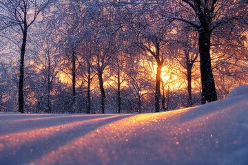 Winter sunset in the forest landscape. Blurry glistening falling snow.