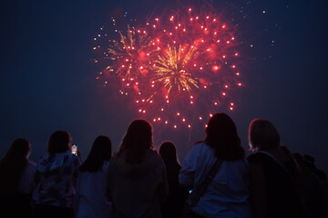 Silhouettes of people watch fireworks during the celebration.