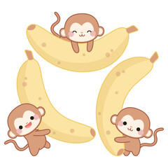 Fototapeta premium Set of three cute monkeys in kawaii style with bananas and different emotions. 