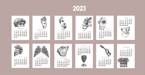 Wall vertical calendar for 2023, 12 months and cover. Monthly calendar template with antique illustrations. Contemporary landscape posters. Vector illustration.
