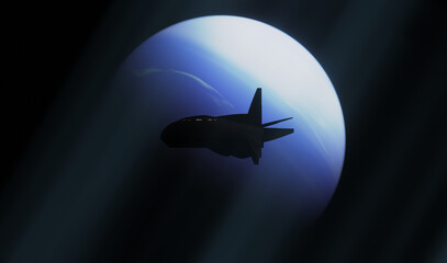 3d sci fi illustration of Space ship floating in front of blue planet