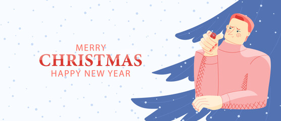 Vector greeting banner for Christmas and New Year with cute man holding small gift. Cartoon illustration in flat style