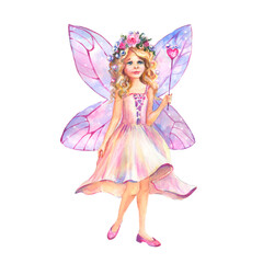 Watercolor light pink fairy with light purple wings and with a magic wand with a heart in his hand. Watercolor hand draw illustration.