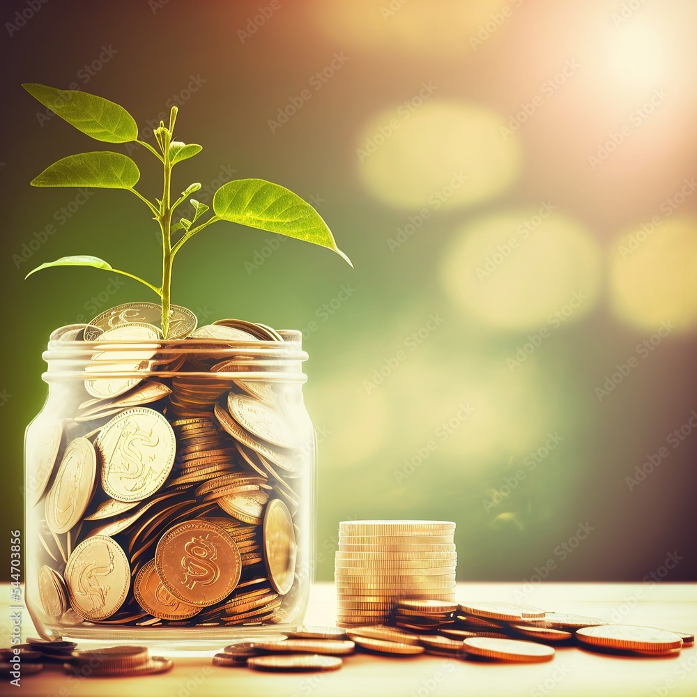 Poster a jar filled with coins and a plant growing out of it with coins underneath it on a table with a blu